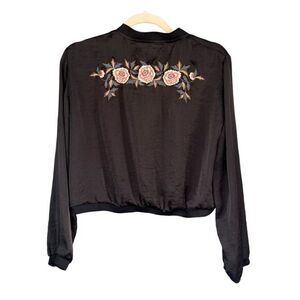 Zara Women's Embroidered Floral Cropped Bomber Jacket Black Size Large